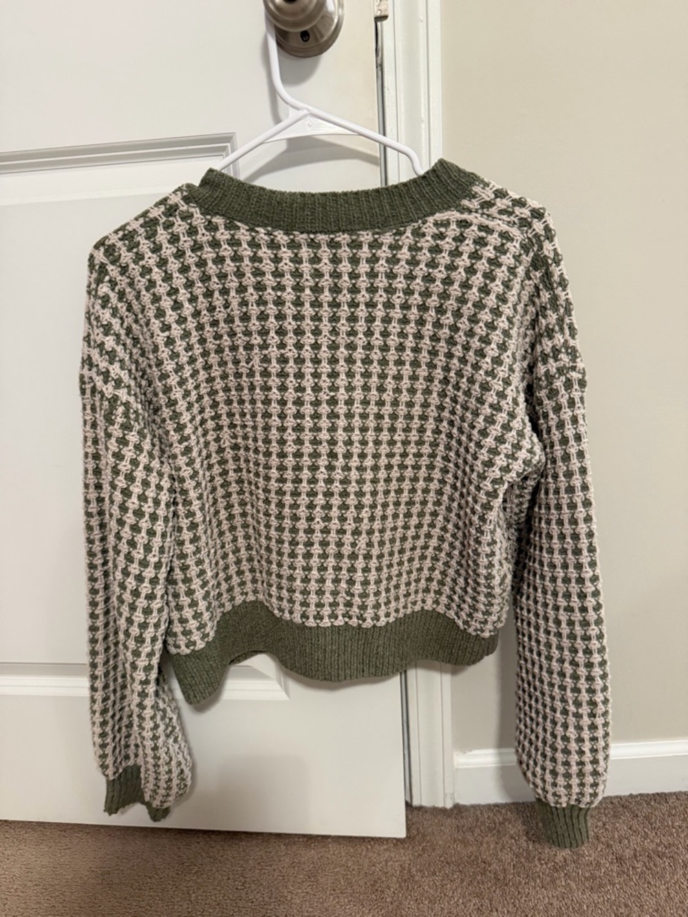 Olive and Cream Knit V-Neck Cardigan Sweater - Picture 2 of 3